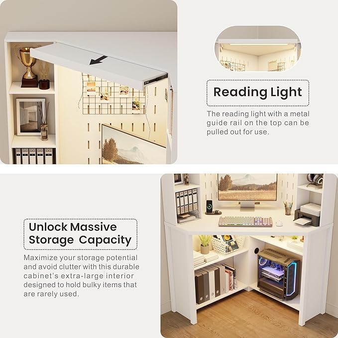 Corner Desk with - LED Reading Light L-Shaped Computer Desk w/Hutch &amp Shelves Home Office Desk w/Charging Station for Work &amp Study File Cabinet Storage Bookshelf for Small Space (White)
