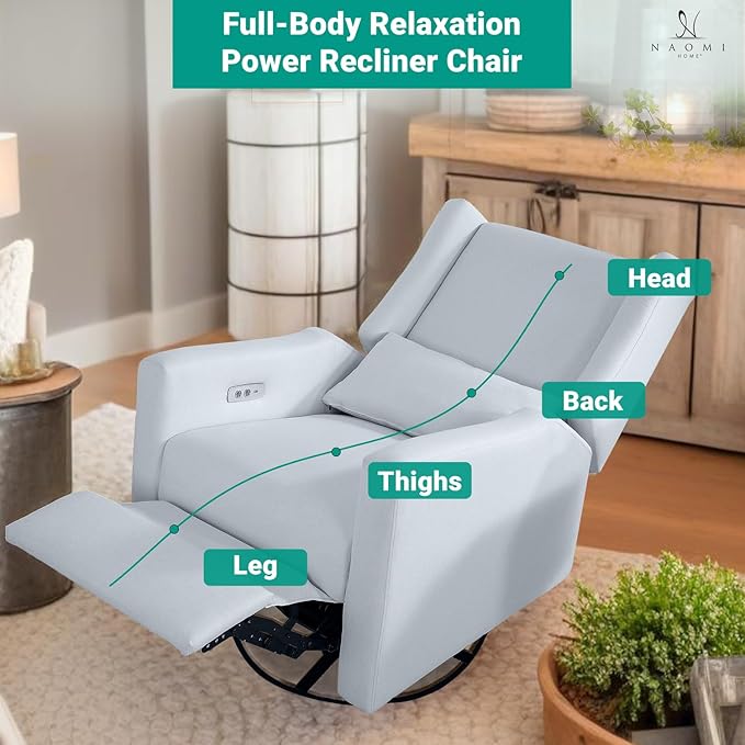 Naomi Home Tanya Luxury Motion Recliner Chair Light Gray – Plush Upholstered Glider Rocker with USB Charging Swivel and Lumbar Support for Nursery Comfort 275 lbs Capacity