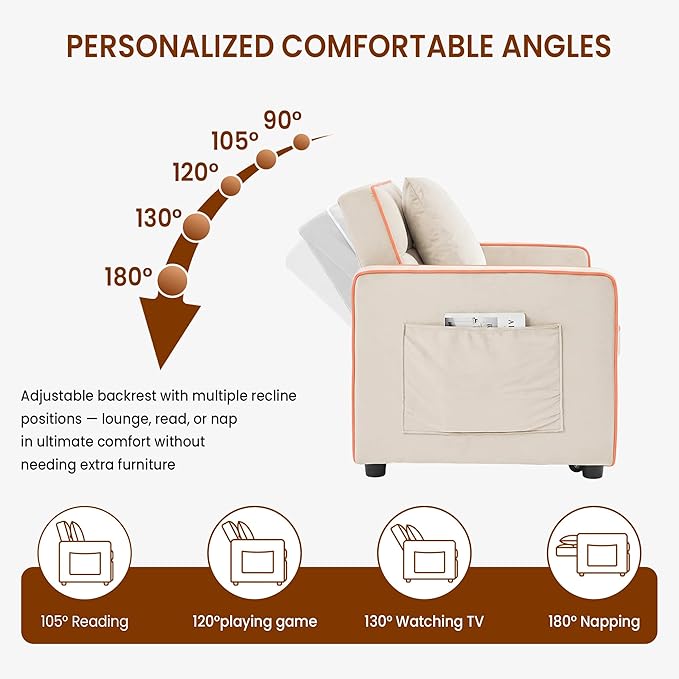 Convertible Sleeper Chair 68.5 Inch Futon Sofa Bed Single Sleeper Sofa Small Couch Bed with Side Pocket Adjustable Backrest for College Dorm Bedroom Studio Apartment