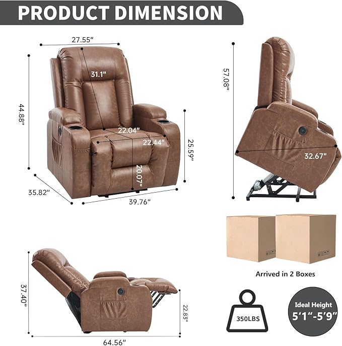 Power Lift Recliner Chair for Elderly with Infinite Position 350 LBS Capacity 8-Point Massage &amp Heating - Comfy Heavy Duty Motion Recliners Chairs for Living Room Small SpacesBrown