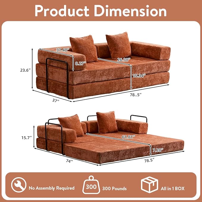 4-in-1 Convertible Folding Sleeper Sofa Bed Fold Out Floor Sofa Couch with Fixed-Shape Frame Cloud Corduroy Foldable Mattress Couch for Living Room Bedroom (78.5 Chenille Orange)