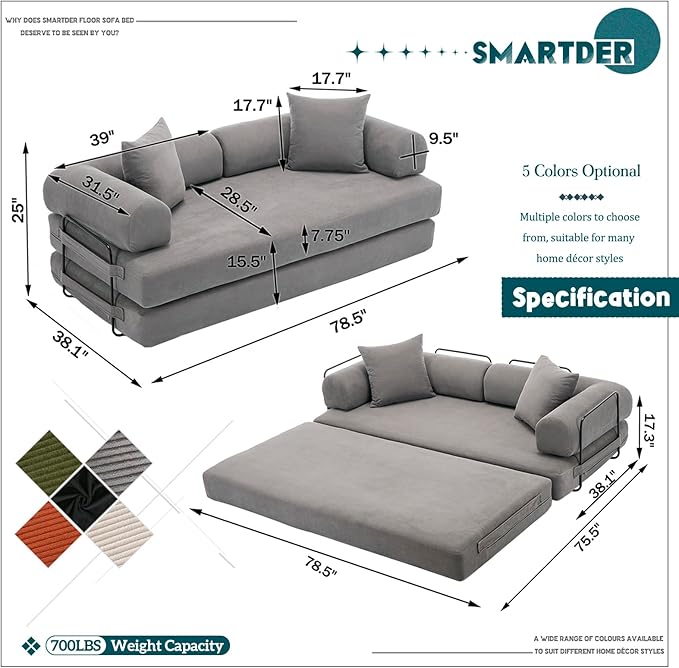 Convertible Folding Sofa Bed Modular Floor Sofa with Removable Backrest 3-Seater Fold Out Couch Bed with Pillows King Size Futon Lazy Couch Corduroy Sleeper for Living Room Dorm Grey