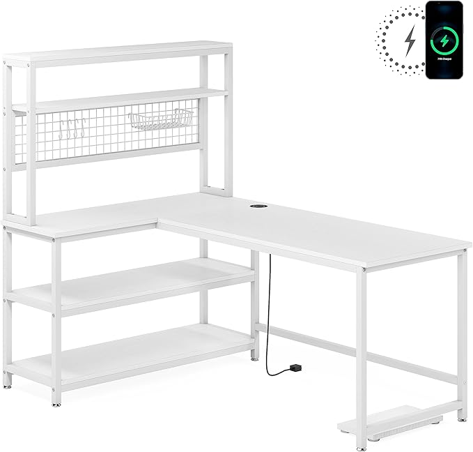 LITTLE TREE L-Shaped Computer Desk 55 Inch Reversible Office Desk Study Writing Table with Wireless Charging and Bookshelf for Home Office White