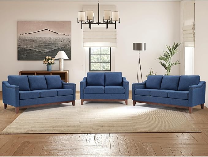 Modern 3 Piece Sofa Set with Rivets Included Chenille Loveseat 2-Seater Sofa and Upholstered 3-Seater Couches Set of 2 with Solid Wood Legs Living Room Furniture SetBlue