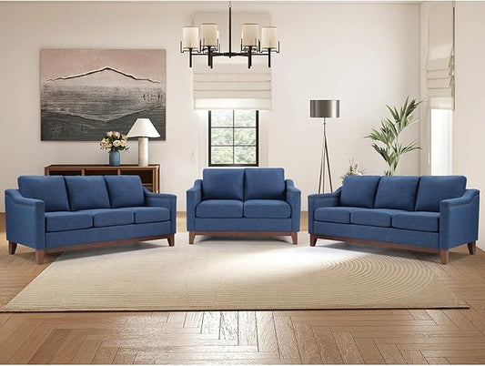 Modern 3 Piece Sofa Set with Rivets Included Chenille Loveseat 2-Seater Sofa and Upholstered 3-Seater Couches Set of 2 with Solid Wood Legs Living Room Furniture SetBlue