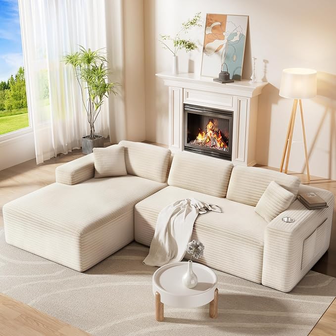 108” Cloud Sectional Couch in One Box Compressed Modular Sectional Sofa with Deep Seat Corduroy Boneless Couches L-Shaped Sofa for Living Room 4 Storage Pockets(Left Facing Chaise Beige)