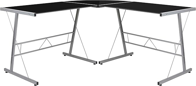 EMMA + OLIVER L-Shaped Computer Corner Glass Desk Gaming Desk Home Office Corner Desk Black