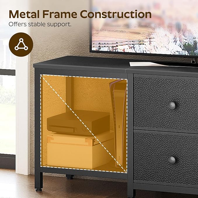 TV Stand for TVs up to 55 Entertainment Center with 2 Fabric Drawer Media Console with Shelves Television Stands for Living Room Bedroom Black DS02BB