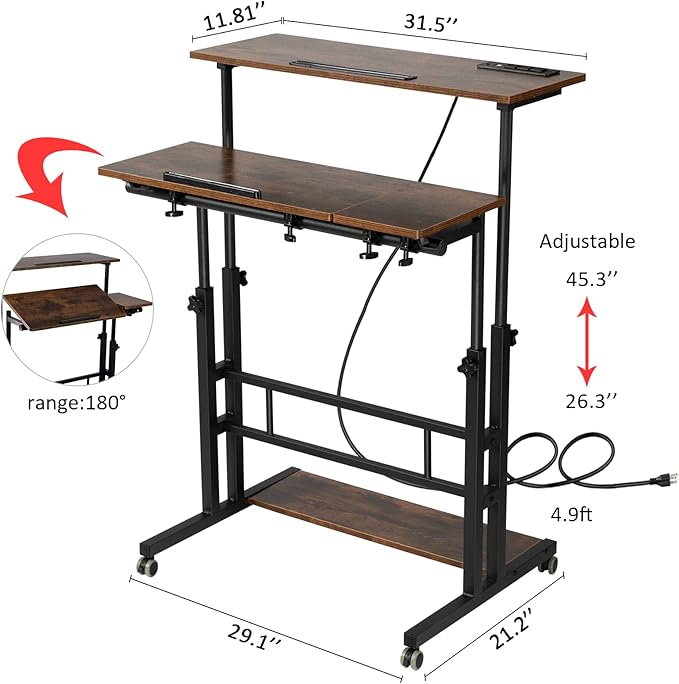 Hadulcet Mobile Standing Desk Adjustable Height Rolling Desk Stand Up Desk Mobile Laptop Desk Rolling Computer Desk with Charging Station Portable Desk with Wheels Rustic Brown