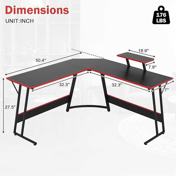 Bigacc L Shaped Gaming Desk 50 Corner Desk Spacious Dual Tops P2 Particleboard Metal Z-Legs Adjustable Non-Slip Pads Scratch/Waterproof Multi-Use Home Office/Game Room/Dorm