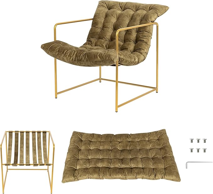 GIA Mid Century Modern Sling Accent Chair for Living Room Bedroom and Office Set of 1 Upholstered in Green Velvet Fabric with Gold Metal Base