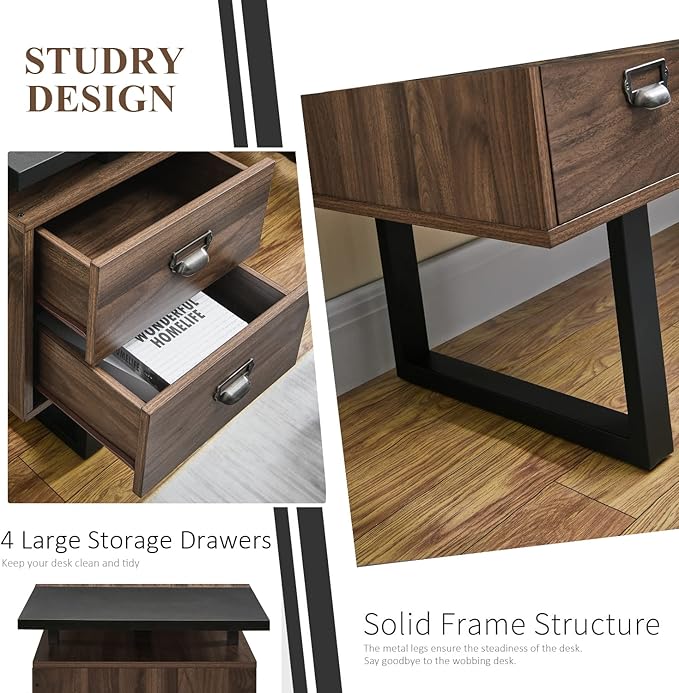 Computer Desk with Drawers 59 L Contemporary Home Office Laptop Desk with Floating Desktop and 4 Storage Drawers Vintage Study Gaming Table with Metal Frame Black &amp Walnut CTSZ20401WACM