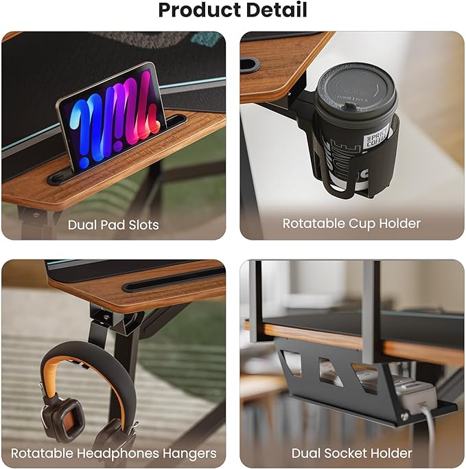 EUREKA ERGONOMIC 72 Gaming Desk W Keyboard Tray Wing-Shaped Music Studio Desk Large Computer Table W LED Convertible Monitor Stand Dual Headphone Hanger for Recording Live Streamer Walnut Wood