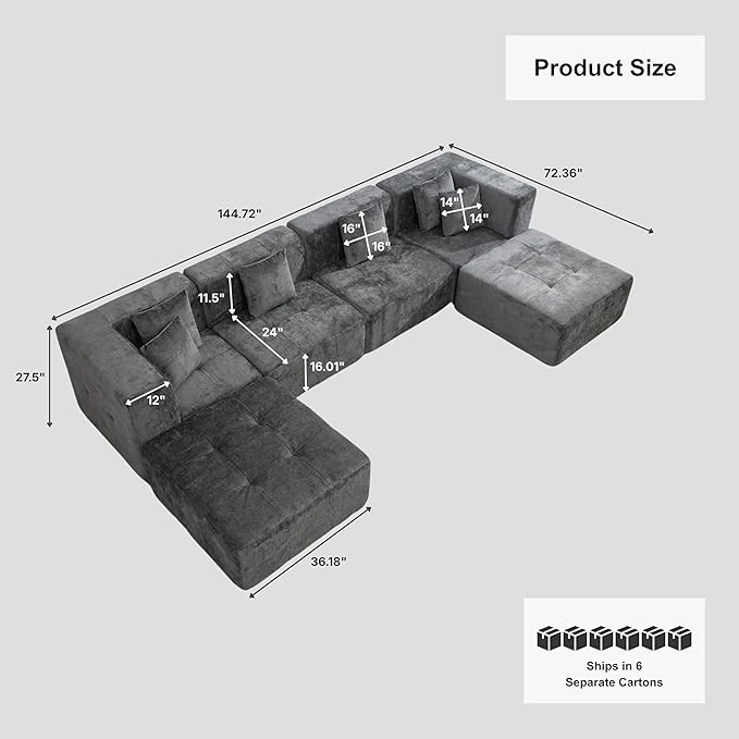 · REDEARTH · 6-Seater Modular Velvet Sectional Sofa No-Assembly U-Shaped Compressed Couch in Box with Ottoman Boneless Modular System in Plush Velvet for Living Room (4-Seater + 2-Ottoman)Dark Gray