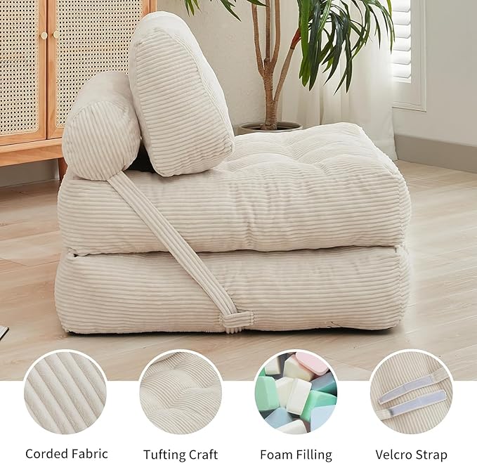 ijuicy Folding Sofa BedCorduroy Futon Sofa Bed Convertible Sleeper Chair with Pillow Foldable Mattress with Back Support Floor Couch for Adults for Living RoomNo Assembly（Beige/Single）