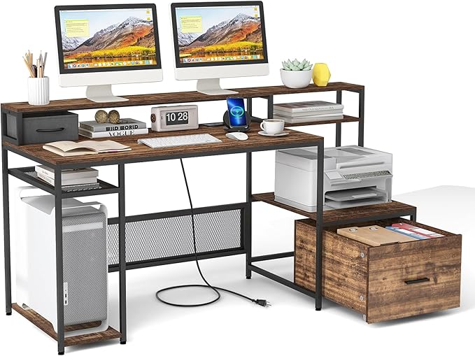 Tangkula 67 Computer Desk with Monitor Stand &amp File Drawer Large Home Office Desk with Power Outlets &amp USB Ports Long Workstation with Storage Shelves Study Writing Desk Gaming Desk Rusti
