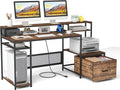 Tangkula 67 Computer Desk with Monitor Stand &amp File Drawer Large Home Office Desk with Power Outlets &amp USB Ports Long Workstation with Storage Shelves Study Writing Desk Gaming Desk Rusti
