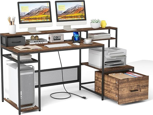 Tangkula 67 Computer Desk with Monitor Stand &amp File Drawer Large Home Office Desk with Power Outlets &amp USB Ports Long Workstation with Storage Shelves Study Writing Desk Gaming Desk Rusti