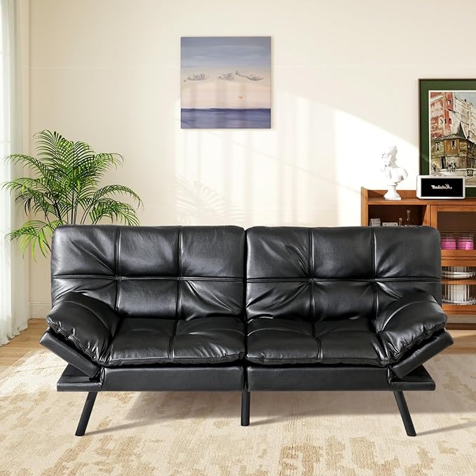 MUUEGM Black Futon Sofa Bed Leather Memory Foam Modern Office Couch Sleeper Bed Convertible Love seat Sofa for Small SpacesApartmentOffice with Adjustable Armrest Backrest