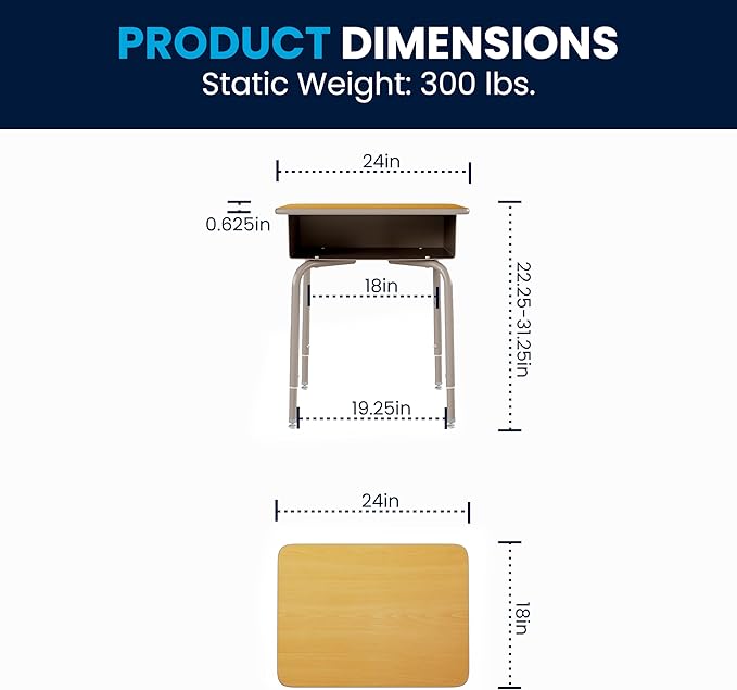 Flash Furniture Billie Student Desk - Maple Open Front School Desk - Silver Metal Frame - 24W x 18D Adjustable Height Durable for School or Remote Learning