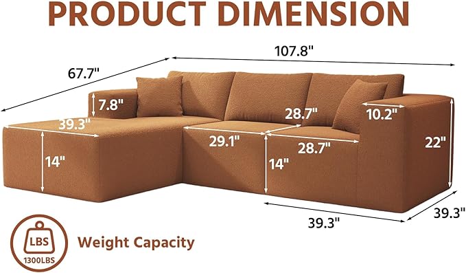 108 Cloud Sectional Couch with L-Shape Chaise4 Seat Modern Modular Sofa with Deep SeatUpholstered Couches for Living Room Bedroom Boneless Couch