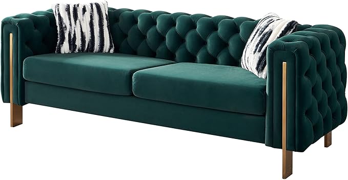 Chesterfield Modern Tufted Velvet Living Room Sofa with High Armrest and Metal Legs Decor 84.25''W 3 Seater Couch Couches Furniture for Bedroom Office (Green)
