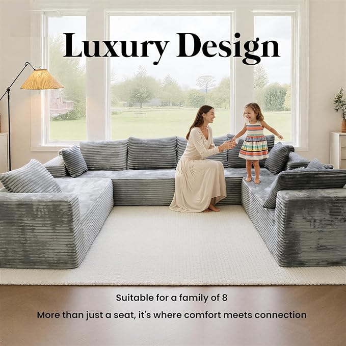 139'' U Shaped Sectional Couches for Living Room 8 Seater Faux Fur Modular Boneless Cloud Sofa with Chaise Lounges 4-in-1 Flexible Combination Deep Seat Corner Large CouchNo Assembly Light Grey