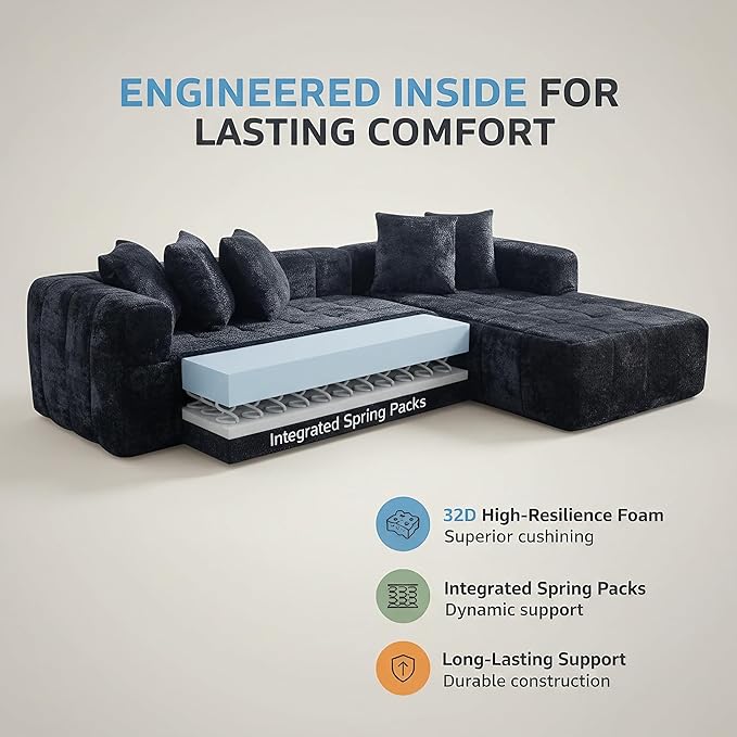 Boneless Sectional Couch L Shaped-108 Inch Black Sherpa Cloud Sectional Sofa for Living Room Modern Couch with Chaise-Deep Seat Floor Couch in a Box-No Assembly | No Assembly Needed 28.7 Deep Seat