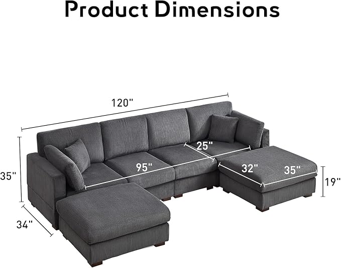 Bonzy Home 120” Oversized Modular Sectional Sofa U Shaped Corduroy Convertible Couch with Movable Ottoman 4 Pillows and 25” Deep Seat Comfy Couches for Living Room Dark Grey