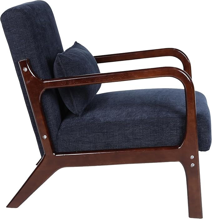 Mid Century Modern Accent ChairComfy Fabric Reading Chair with Retro Solid Wood Frame &amp High Back Upholstered Lounge Arm Side Chair for Living Room Bedroom Balcony (Antique Blue)