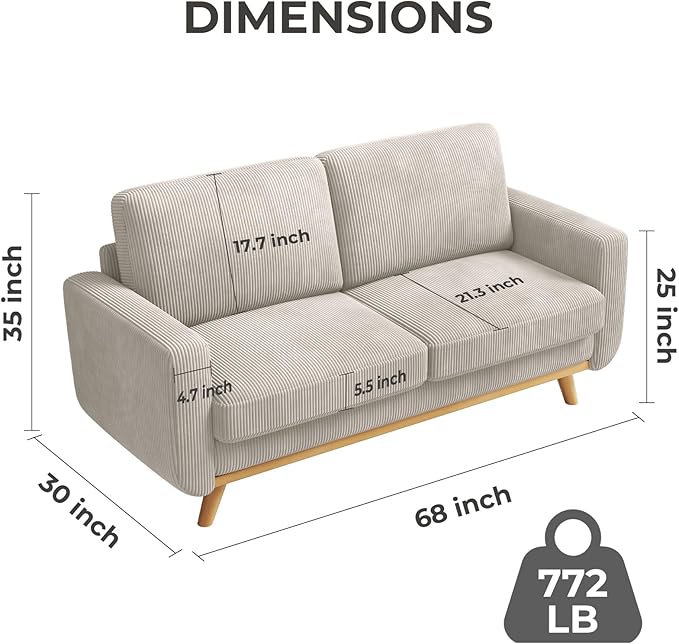 Vesgantti 68 Loveseat Sofa Light Grey Comfy Corduroy Couch with Spring Cushion and Solid Wood Modern Deep Seat for Bedroom Living Room Office