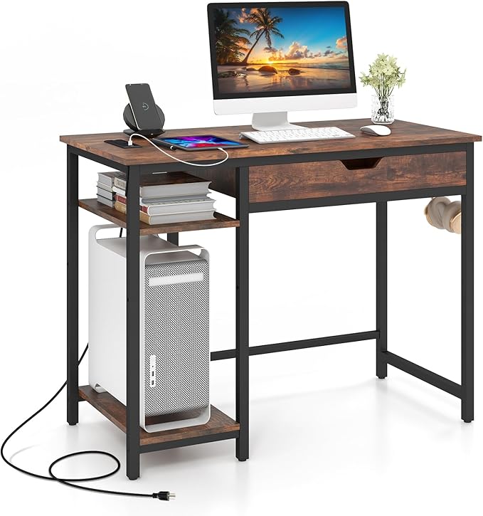 Tangkula Computer Desk with Charging Station 40” Industrial Home Office Desk with Drawer &amp Adjustable Shelf Compact Computer Workstation with CPU Stand &amp Headphone Hooks Study Writing Desk