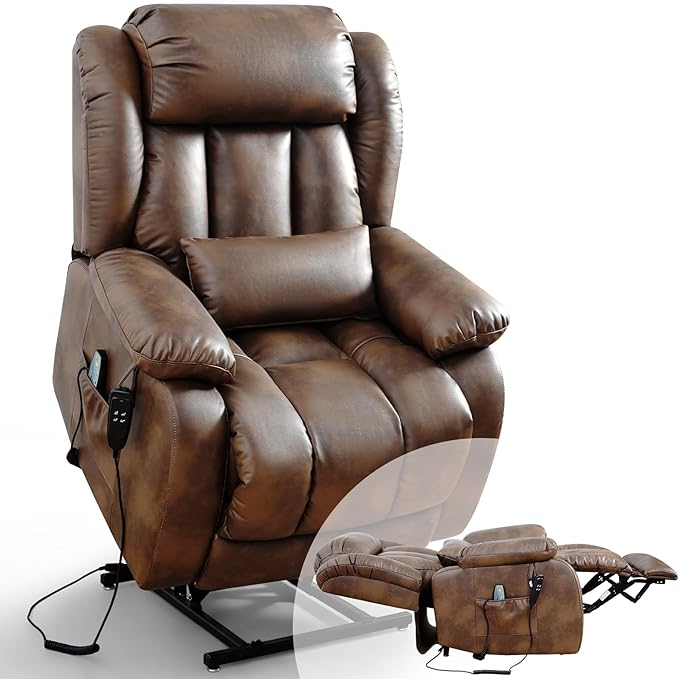 Infinite Position Lay Flat Lift Recliner Chair for Adults Dual Motor Power Lift Chair for Elderly with Massage &amp Heating Extended Footrest USB Ports Remote Control &amp Lumbar Pillow Leather
