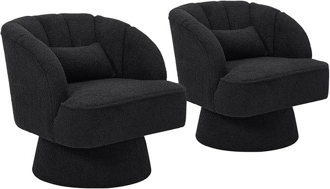 GarveeHome Modern Swivel Barrel Accent Chair 360° Teddy Fabric Upholstered Armchair with Striped Backrest &amp Plush Padding Comfy Round Lounge Chair for Living Room Bedroom Reading Nook Black 2