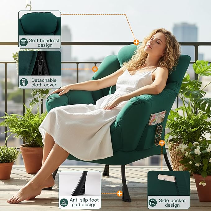 Lazy Chair for Living Room Large Dark Green Accent Chair with a Throw Pillow Leisure Sofa Chair Set Comfy Reading Chair for Bedroom Dorm Room Office
