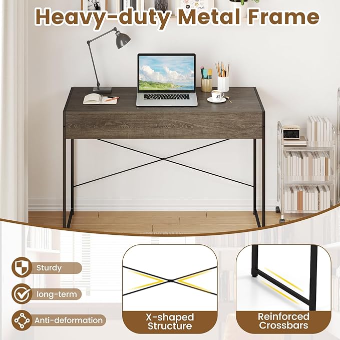 Giantex Computer Desk with 2 Drawers 44 Inch Home Office Desk with Anti-Toppling Device &amp Metal Frame Compact Laptop PC Table Vanity Table Modern Study Writing Desk for Small Spaces (Grey Oak)