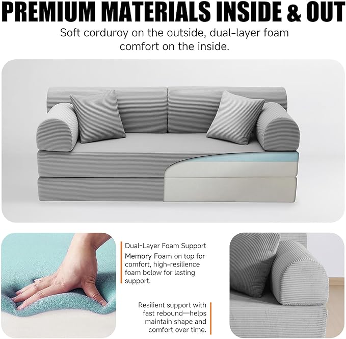 78.8 Boneless Memory Foam Couch Corduroy Convertible Floor Sofa Bed Fold-Out Sleeper Futon Loveseat Wide Armrests &amp Supportive Back 1200 lb Couch in a Box 2 Pillows Light Grey