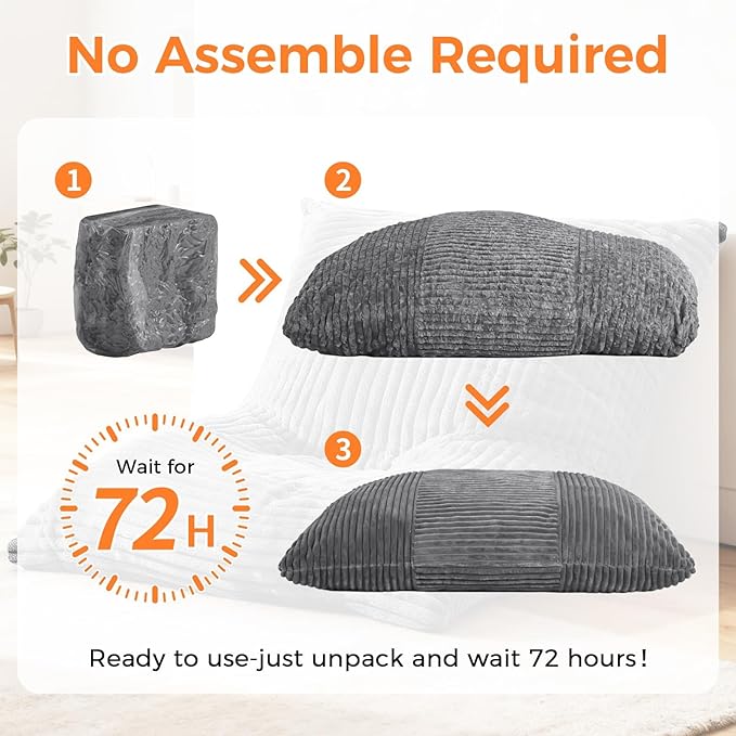 3 in 1 Giant Bean Bag Chair Convertible Bean Bag Bed for Adults and Kids Oversized Comfy Memory Foam Floor Sofa with Machine Washable Cover for Living Room Bedroom &amp Dorm(Grey)