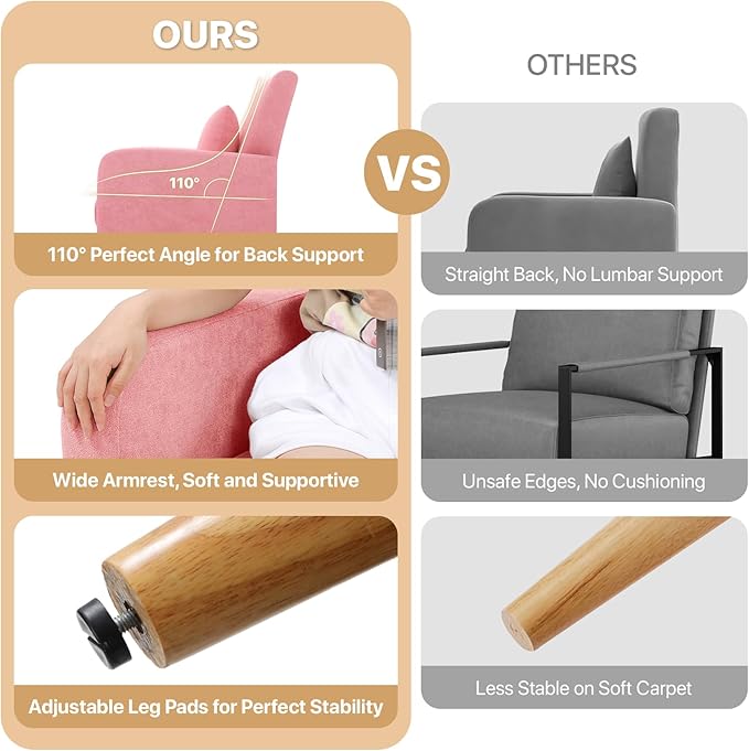 Magshion Mid-Century Accent Chair for Living Room Comfy Reading Chair for Bedroom Upholstered Linen Fabric Armchair Single Sofa with Back Pillow &amp Wood Legs 300 lbs Capacity Pink