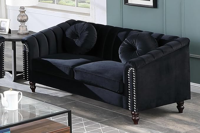 Chesterfield Loveseat Couch 60 Inch Luxurious Velvet Modern Love Seat Chesterfield Settee Sofa Upholstered Rolled Arm with Rivets/2 Button Tufted Pillow 2 Seater Sofa for Living RoomBlack