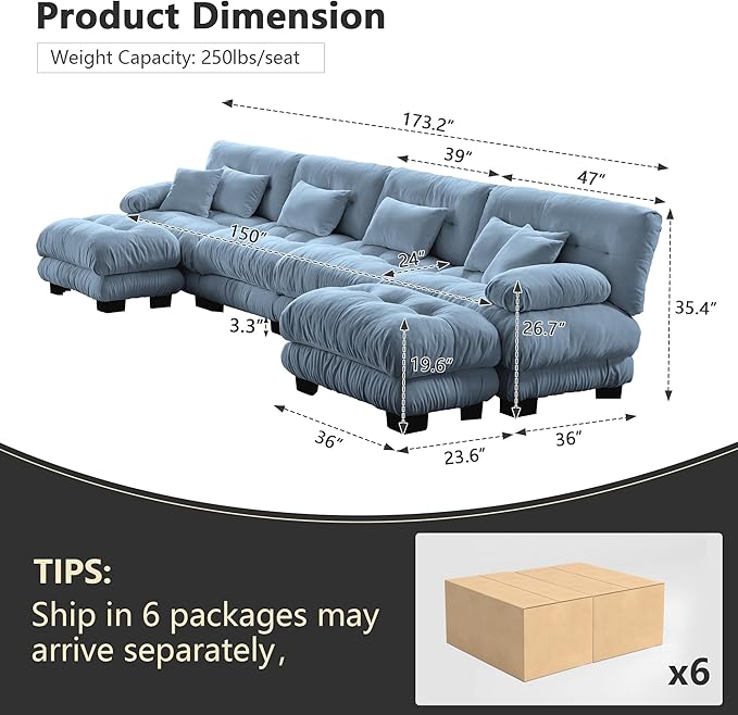 Setawix Luxury Modular Sectional Sofa Couch with Deep SeatOversized U-Shaped 4 Seater Sofas with Curved ArmrestComfy Chenille Cloud Couch for Living RoomBlue