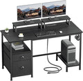 Furologee 47 Computer Desk with File Cabinet and Power Outlets Home Office Desk with 2 Monitor Stands and Storage Drawer Gaming Table with Shelves and 2 Hooks for Bedroom Black