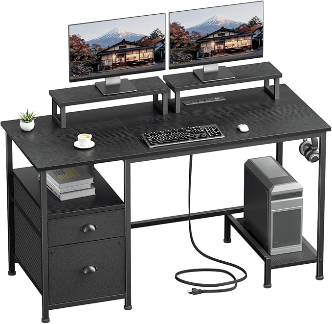 Furologee 47 Computer Desk with File Cabinet and Power Outlets Home Office Desk with 2 Monitor Stands and Storage Drawer Gaming Table with Shelves and 2 Hooks for Bedroom Black