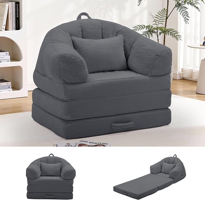 Folding Sofa Bed Convertible Sleeper Chair with Armrest Floor Futon Couch with Pillow Sleeper Single Chair for Adults Couches for Living Room Small Couches for Small SpacesGrey