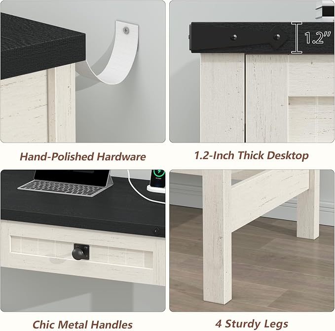 Farmhouse Computer Desk with 2 Drawers 39 Inch Small Office Computer Desk with Power Outlets Compact Writing Study Vanity Desk for Small Spaces Black and White