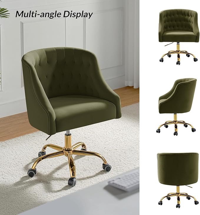 TINA'S HOME Velvet Home Office Chair with Gold Base Comfortable Modern Cute Desk Chair Adjustable Swivel Task Chair for Living Room Bedroom Vanity Study Moss