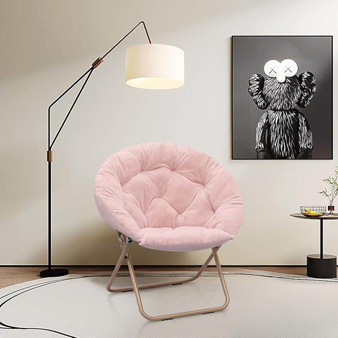Round Saucer Chair for Teens and Adults Faux Fur Folding Living Room Cozy Moon Chair (Light Pink)