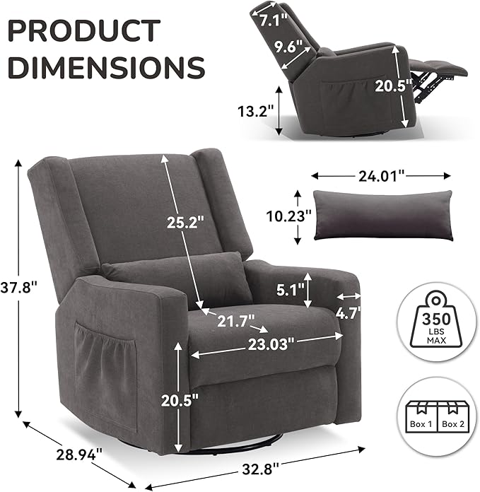 Tbfit 360° Swivel Recliner ChairNursery Rocking Chair with Lumbar Support for Bedroom Comfy Upholstered Armchair with Pillows &amp Footrest for Living Room (Hidden Ring Handle Brown)