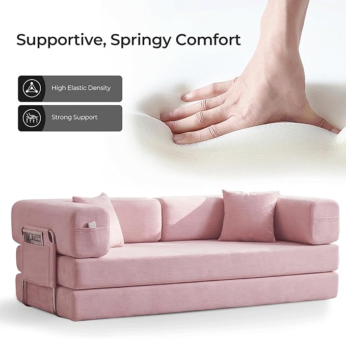 79 Convertible Sofa Bed with Pillows Corduroy Folding Sleeper Sofa with Fixed-Shape Frame Boneless Couch for Living Room Bedroom Floor Sofa Lounge No Assembly Required (A - Style - Pink)