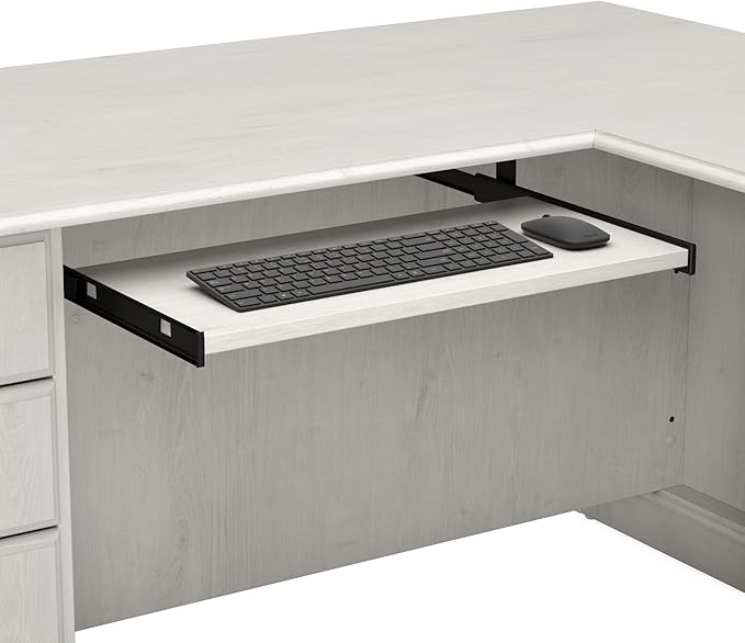 Bush Home Saratoga L Shaped Computer Desk with Drawers and Storage in Linen White Oak | Large Corner Office Table for Workspace